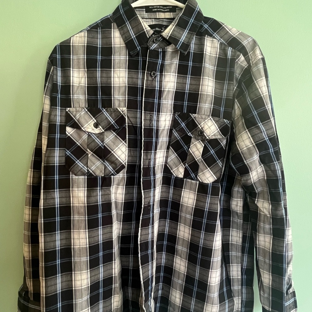 Beverly Hills Polo Club Black White Plaid Shirt with Light Blue Accents